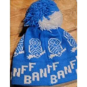 Vintage Banff National Park Wool Blend Pom Beanie Blue White Owl